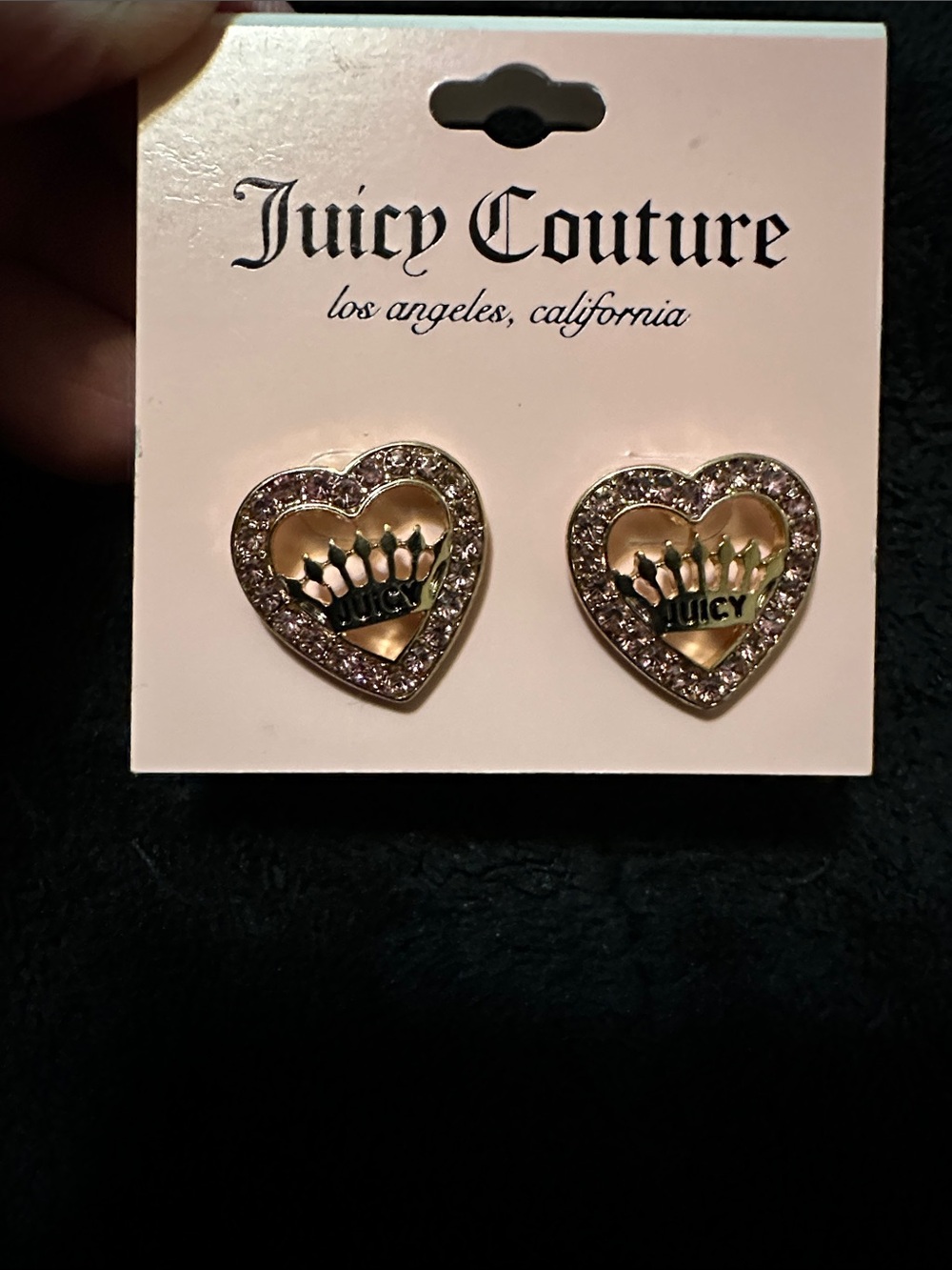 Juicy Couture NEW Gold Heart Crown Stud Earrings with Pink Crystals